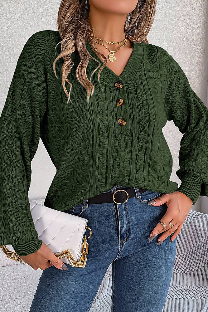 Pull en maille torsadée à col V boutonné